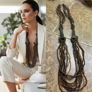 Multi Strand Brown Beaded Statement Necklace Artisan Tribal Cone Layered Boho